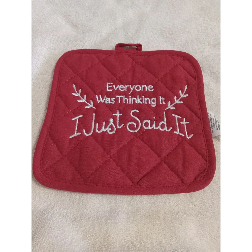 Funny Kitchen Pot Holder Set Embroidered‎ Sayings Red Quilted Potholder
